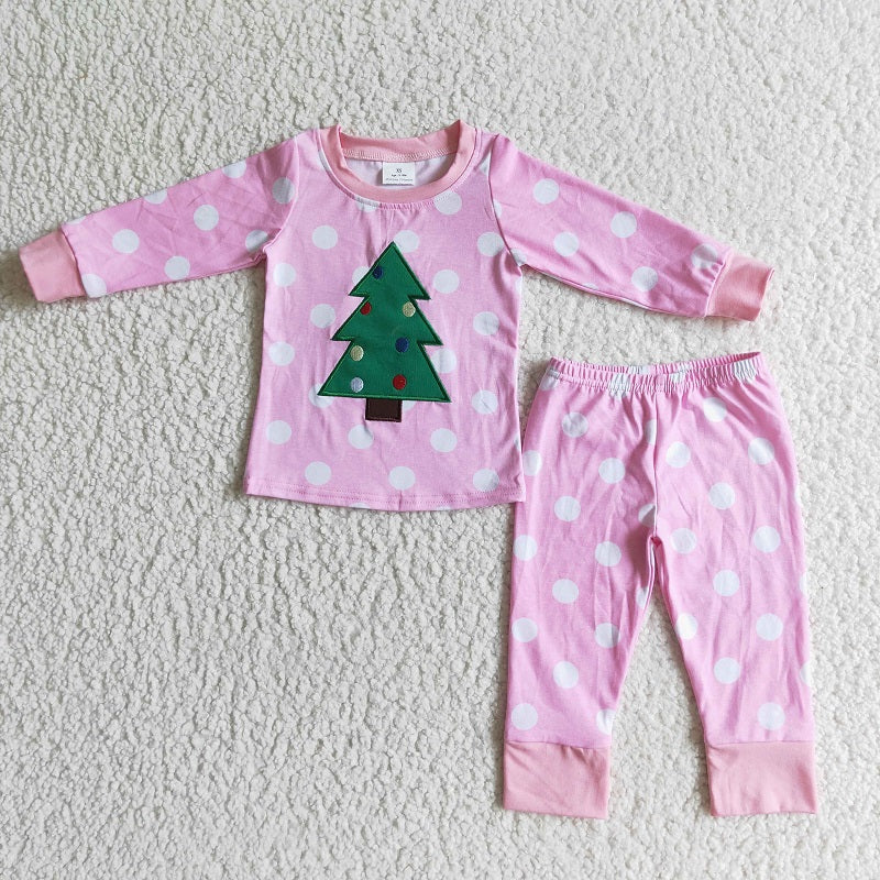 6 B12-37 Embroidered Christmas Tree Dots Girls Pink Cotton Pajamas