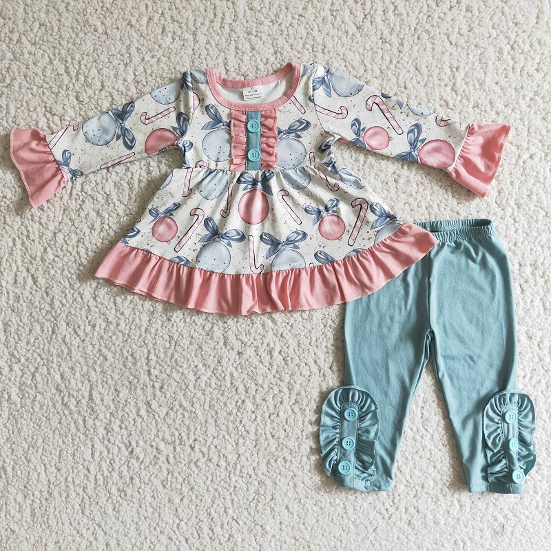 6 B2-2 Pink blue ball long-sleeved top and light blue trousers suit