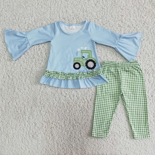 6 B2-37 Girls Blue Tractor Top Plaid Pants Suit