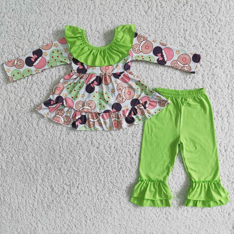 6 B2-40 Cartoon bow top green pants suit