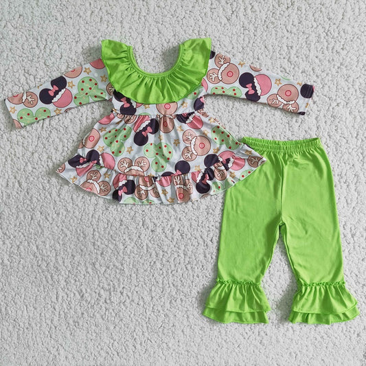 6 B2-40 Cartoon bow top green pants suit