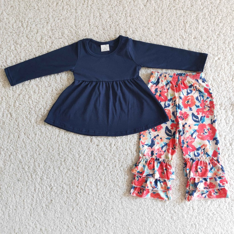 6 B2-5 Navy blue long-sleeved floral trousers suit