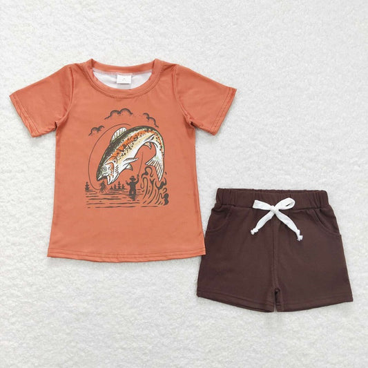 Fishing Orange Short Sleeve Brown Pocket Shorts Set BT0507+SS0134