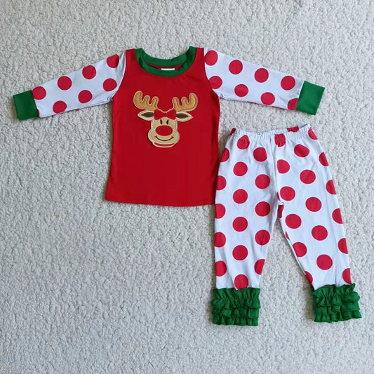 6 B4-18 Girls Embroidered Antlers Red Polka Dot Pajama Set