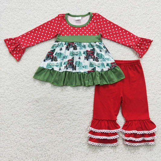 6 B5-16 Christmas Tree Car Polka Dot Red Long Sleeve Lace Pants Set