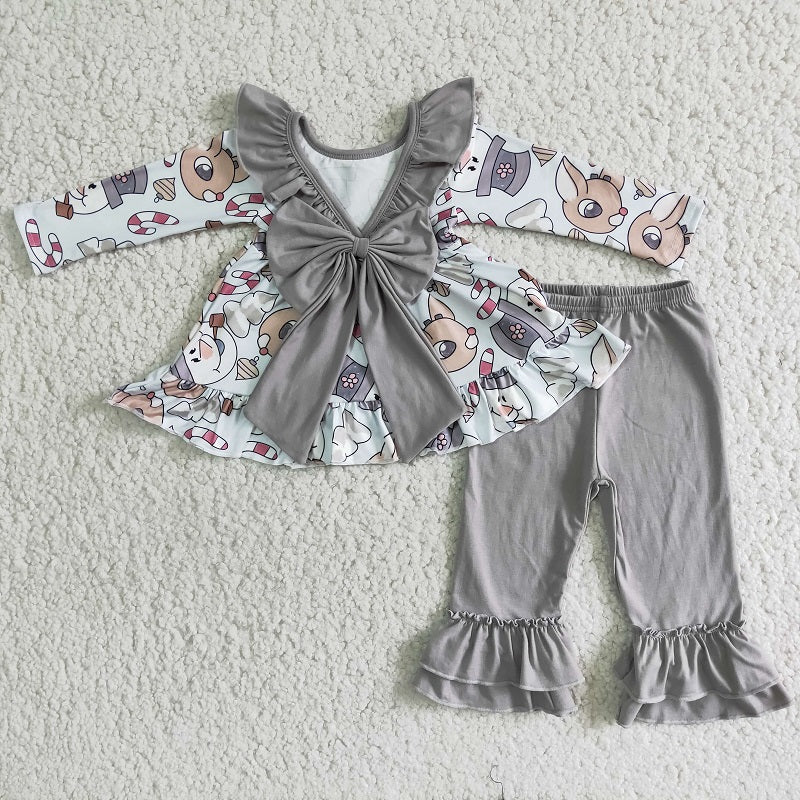 6 B5-20 Snowman Deer Bow Top Gray Pants Suit