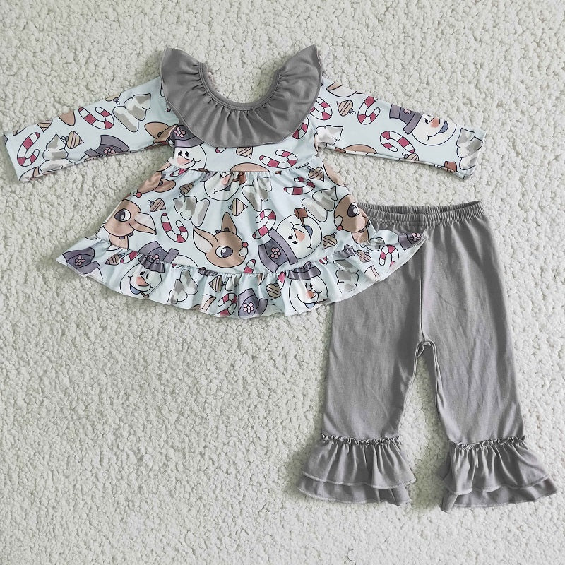 6 B5-20 Snowman Deer Bow Top Gray Pants Suit