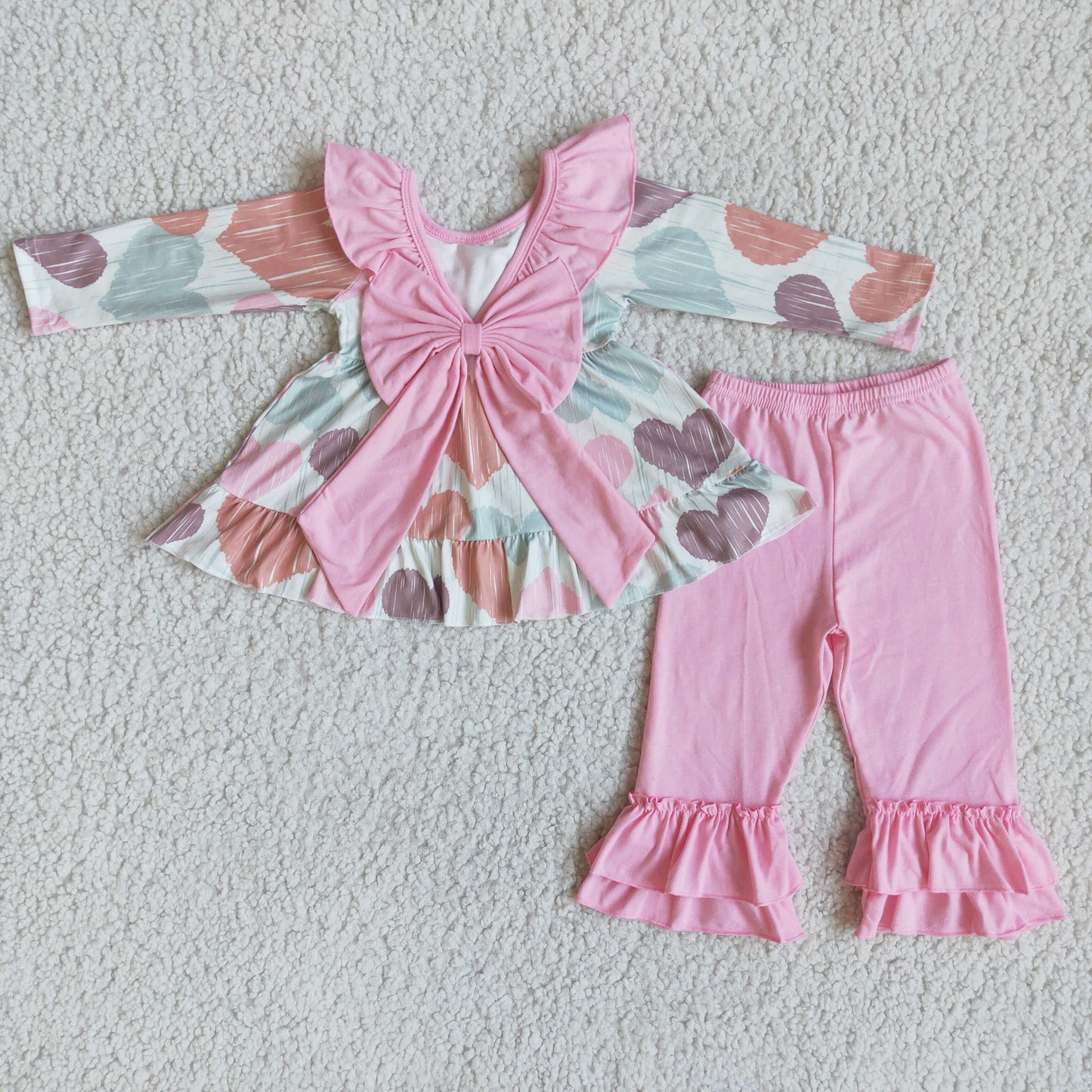 6 B6-24 Valentines Day Pink Bow Ruffle Pants Set for Kids Girls Valentine's Outfit Set