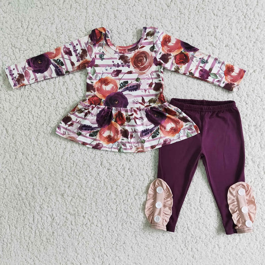 6 B6-3 Rose pattern long-sleeved top and purple trousers