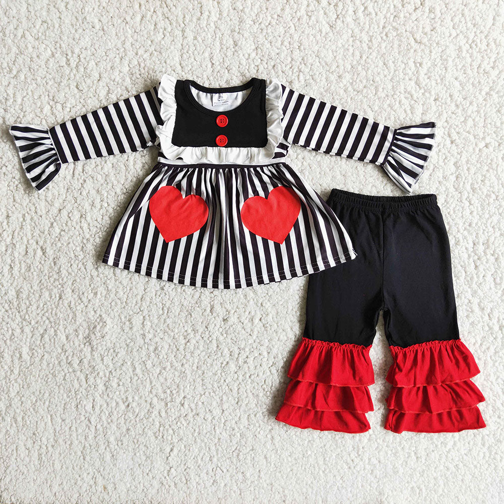 6 B7-38 Valentines Pocket Ruffle Pants Sets Fashion Casual Wide Leg Pants with Pockets Top Valentine's Day Outfit Set