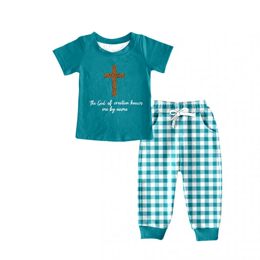 presale BSPO0356 Cross Letter Teal Short Sleeve Plaid Pants Suit