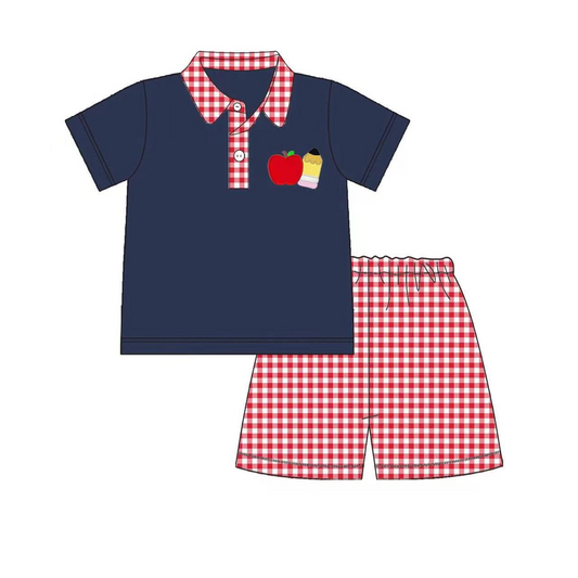 preorder BSSO0788 Apple pencil red and white plaid collar navy blue short-sleeved shorts suit