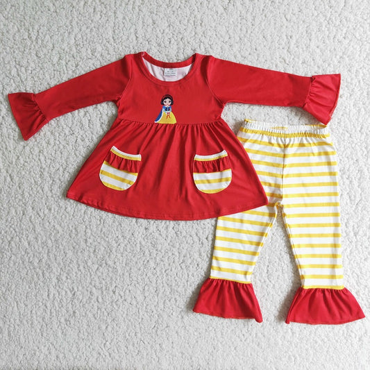 6 C10-16 Cartoon Pocket Red Top Yellow Striped Pants Suit