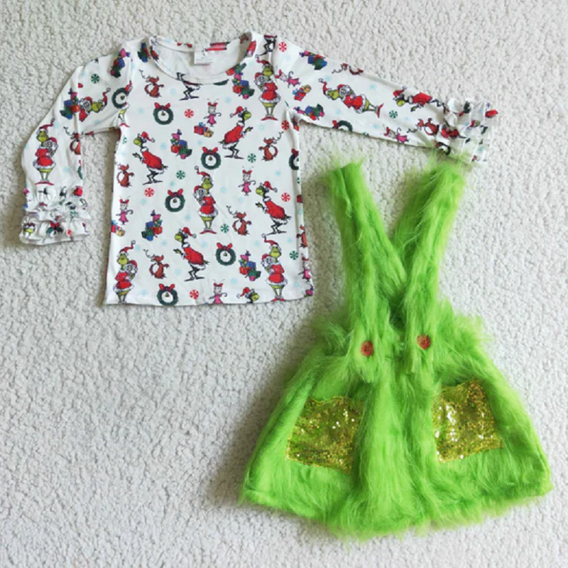 6 C11-39 Girls Long Sleeve Top Green Plush Skirt