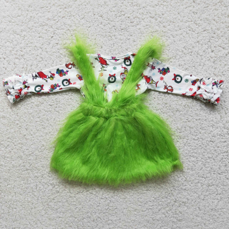 6 C11-39 Girls Long Sleeve Top Green Plush Skirt