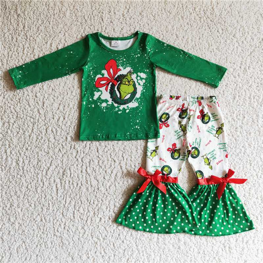 6 C6-20 Green Long Sleeve Top Tie Polka Dot Flared Pants Set