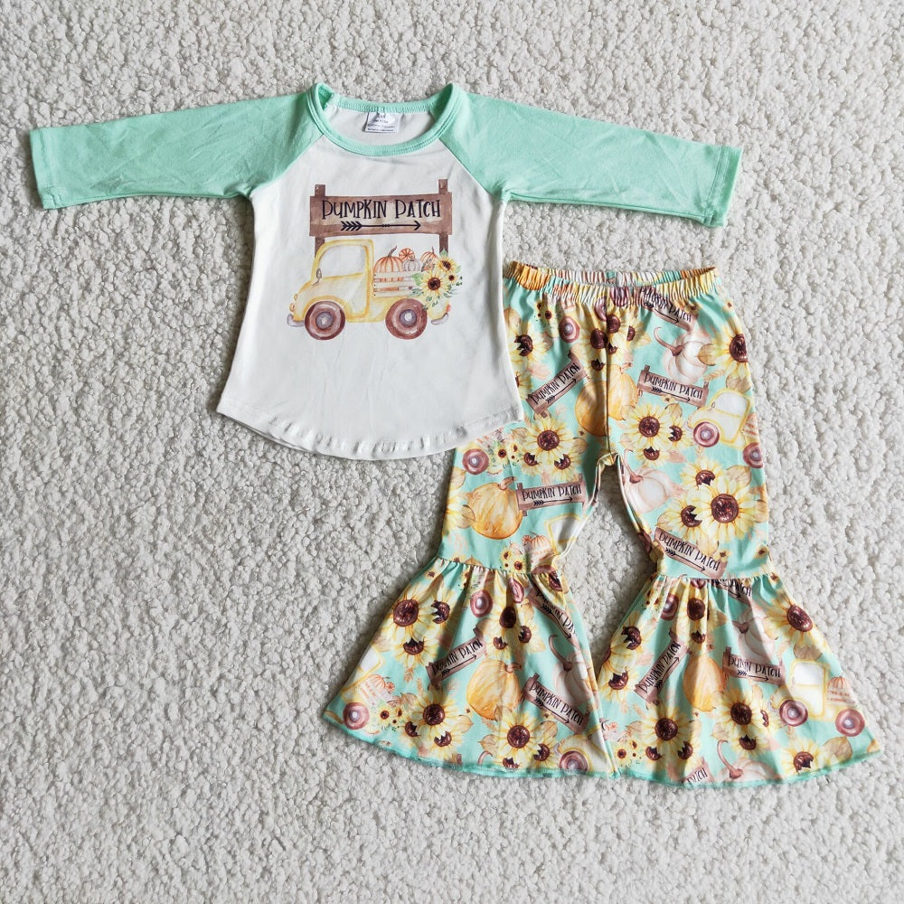 6 C7-37 pumpkin patch top sunflower pumpkin bell pants suit