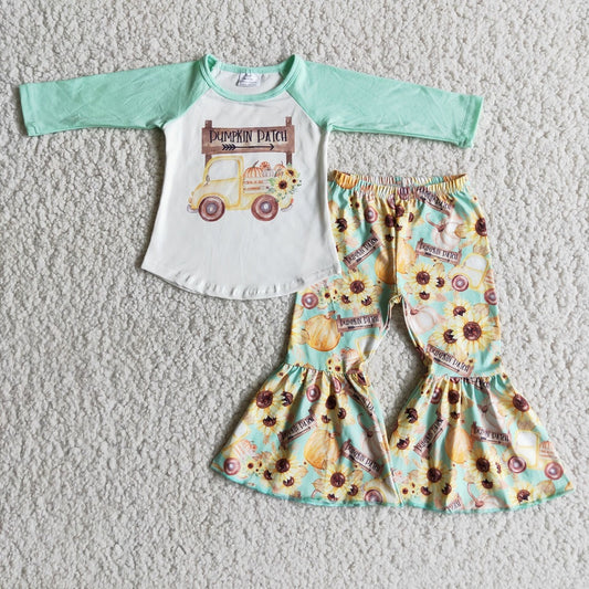 6 C7-37 pumpkin patch top sunflower pumpkin bell pants suit