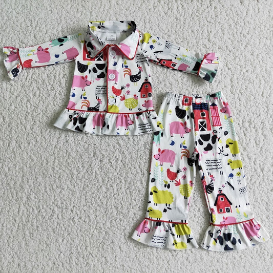 6 C7-40 Girls Farm Pattern Long Sleeve Pants Winter Pajamas set