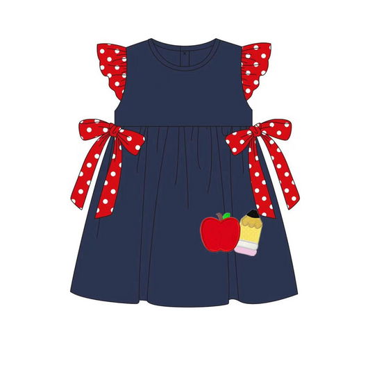 preorder GSD1058 Apple Pencil Dot Red Bow Navy Blue Flying Sleeve Dress