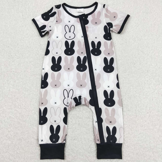 baby boy easter zip sleeper black white gray bunny