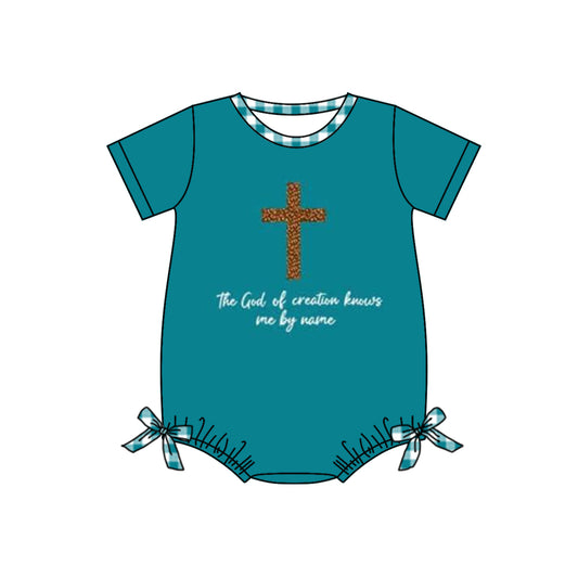 presale SR1528 Girls Cross Letter Teal Short Sleeve Jumpsuit