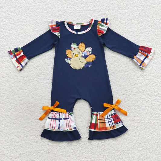 LR0366 Embroidered Turkey Plaid Lace Embroidered Bow Navy Blue Long Sleeve Bodysuit