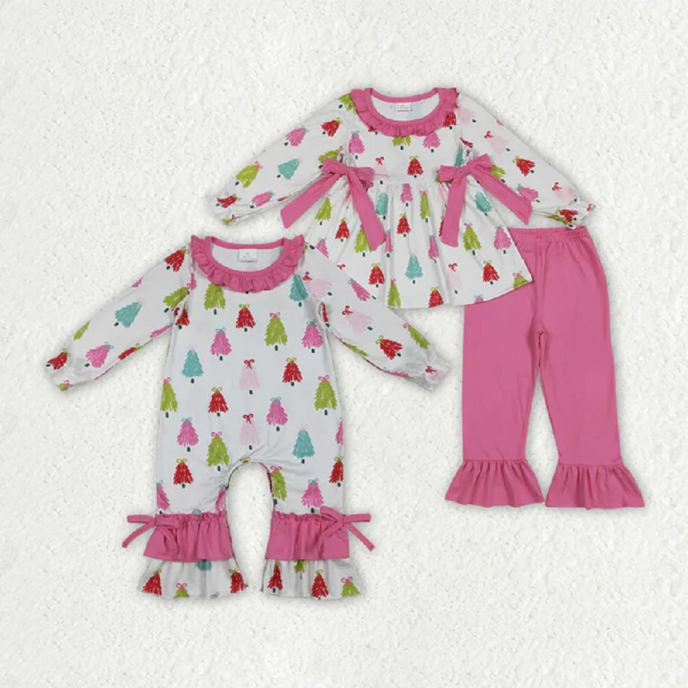 Sibling Baby Girls Christmas Bows Trees Rompers Outfits Sets  D 6.28