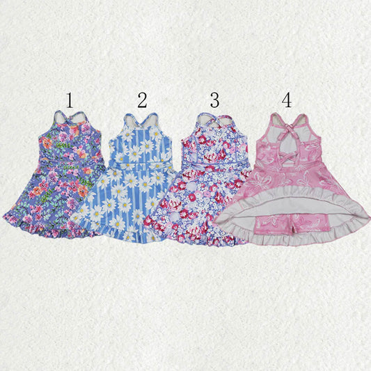 Sibling Baby Girls Strap Stripe Floral Butterfly Shorts Yoga Ruffle Knee Length Dresses D 7.7