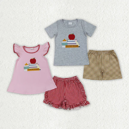 Sibling Embroidery Baby Girls Boys Apple Back To School Books Outfits D 6.23