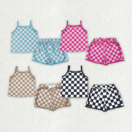 Match 4 Colors Baby Girls Strap Plaid Top Short Sports Sets D 6.13