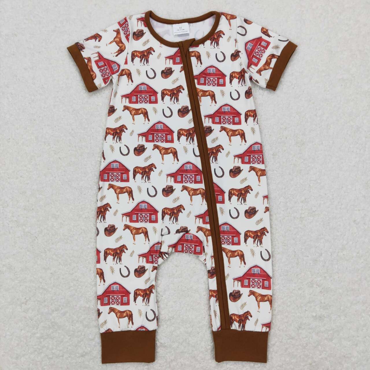 SR0509 Farm Red House Horse Brown Beige Zip Short Sleeve Jumpsuit