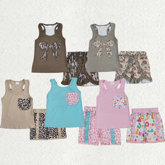 Sibling Baby Girls Sleeveless Colorful Leopard Camo Bow Vest Top Ruffle Shorts Set D 6.28