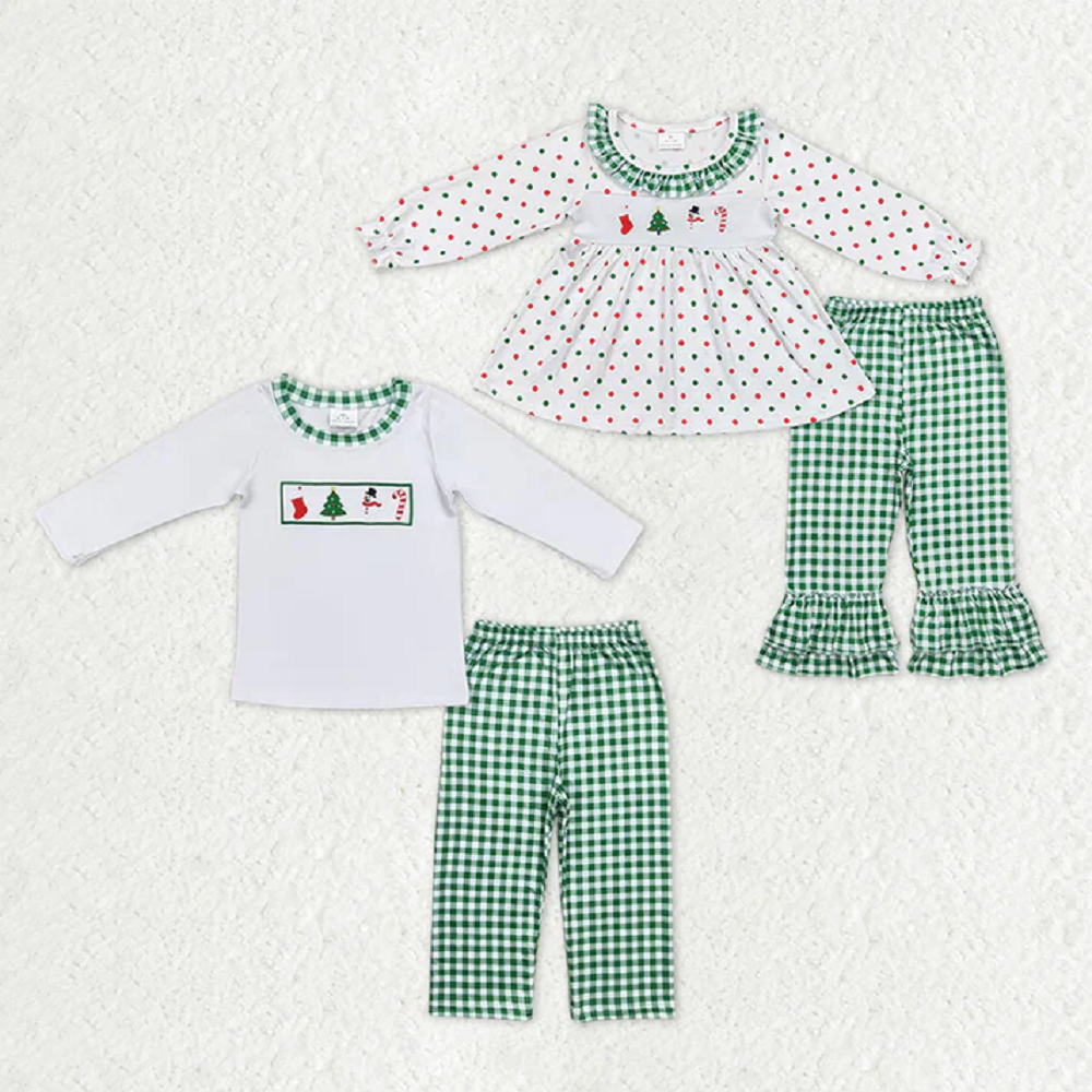 Sibling Baby Kids Embroidery Snowmen Trees Top Pants Christmas Clothes Sets  D 1020