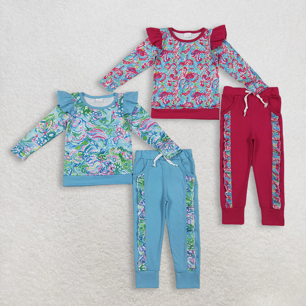 Sibling Watercolor Floral Top with Pockets And Ruffle Jogger Pants Clothing Set for Baby Girls Cute Outfit Set