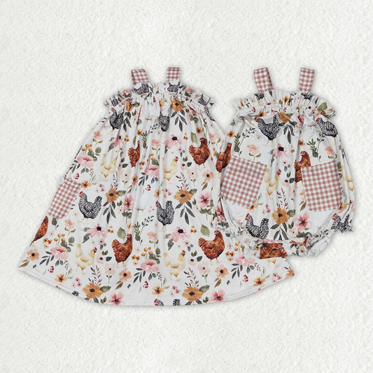 Match Baby Girls Chicken Flowers Farm Romper Dresses