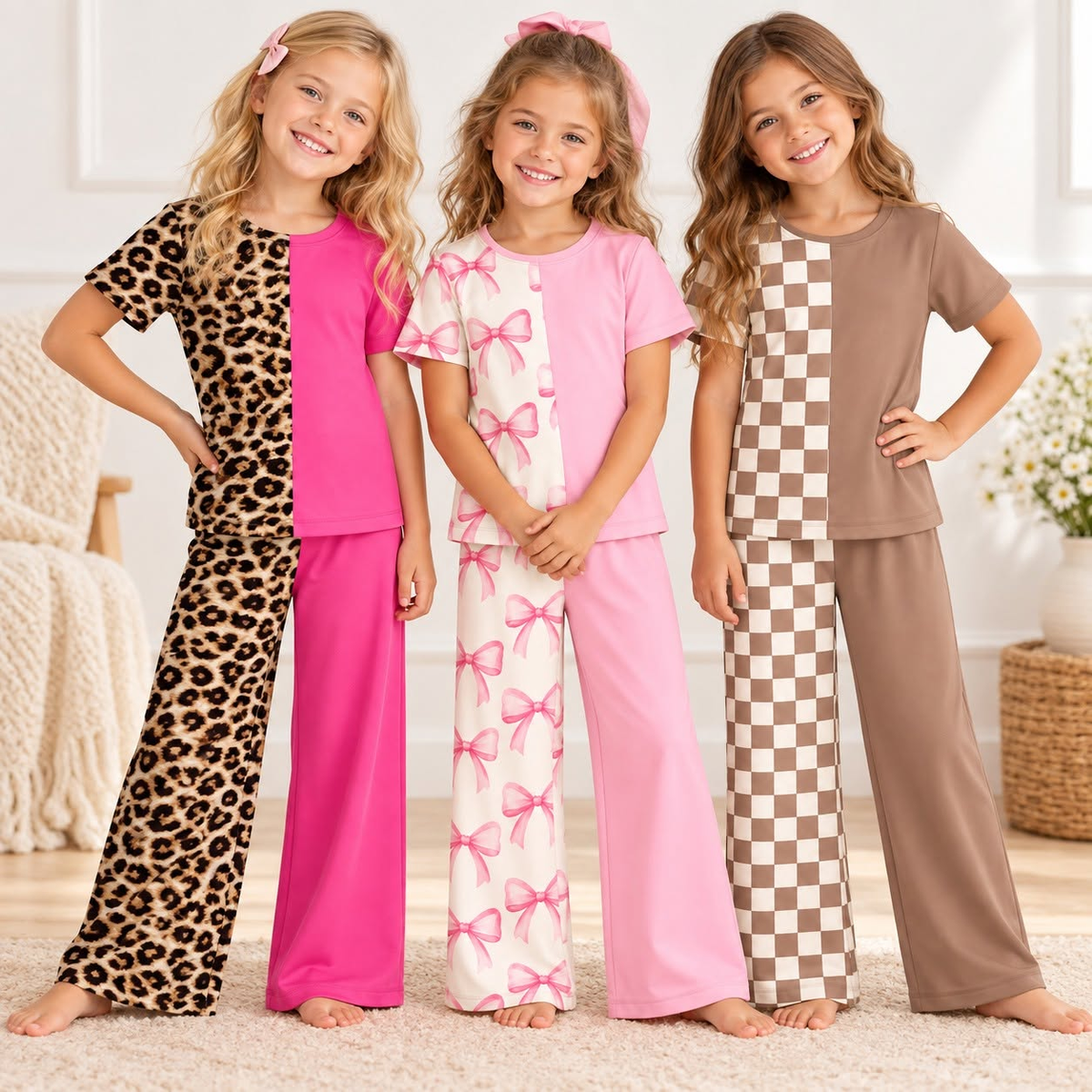 Pre order leopard bow check wide leg outfit girls clothing