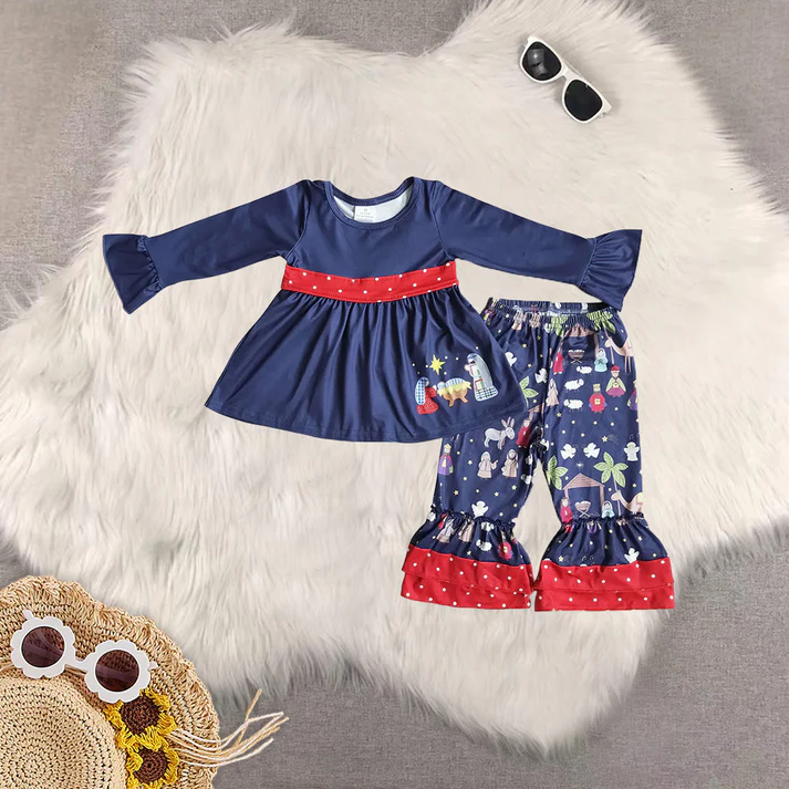 Sibling Girls Baby Girls Christmas Nativity Tunic Ruffle Pant Clothes Sets  D 919