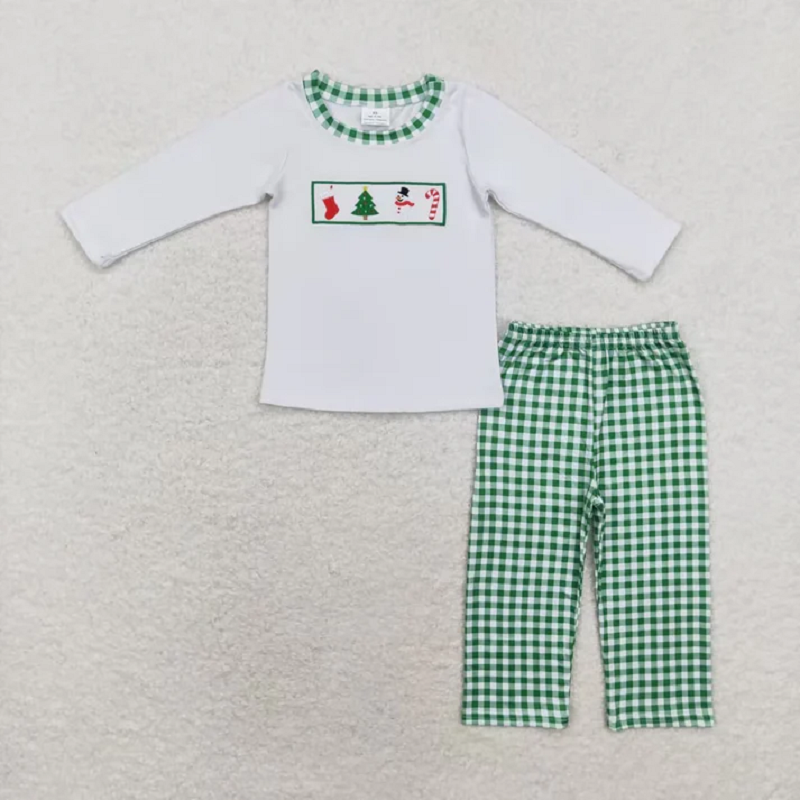 Sibling Baby Kids Embroidery Snowmen Trees Top Pants Christmas Clothes Sets  D 1020