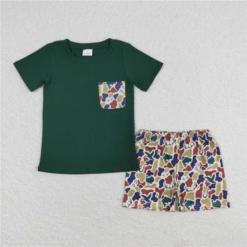 Match Baby Boys Green Pocket Sibling Brother Camo Rompers Shorts Clothes Sets