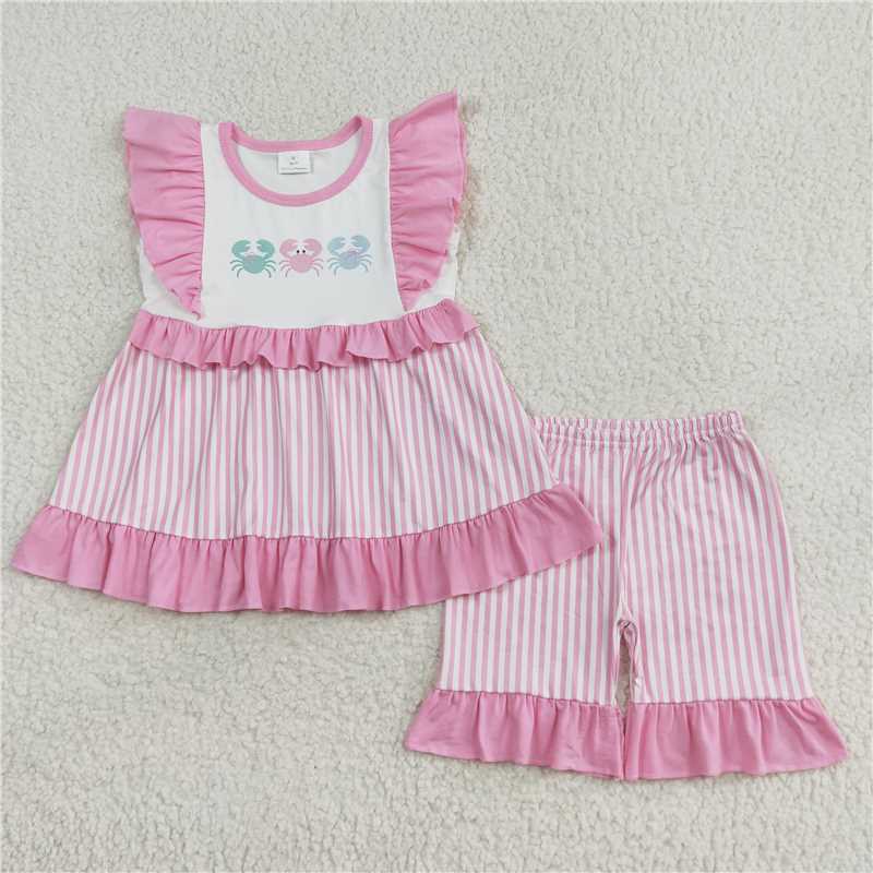Match Baby Girls Crabs Pink Summer Sibling Rompers Dresses Clothes Sets