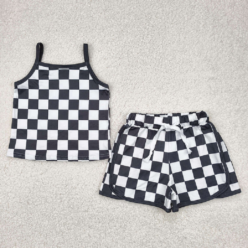 checkered suspender shorts set