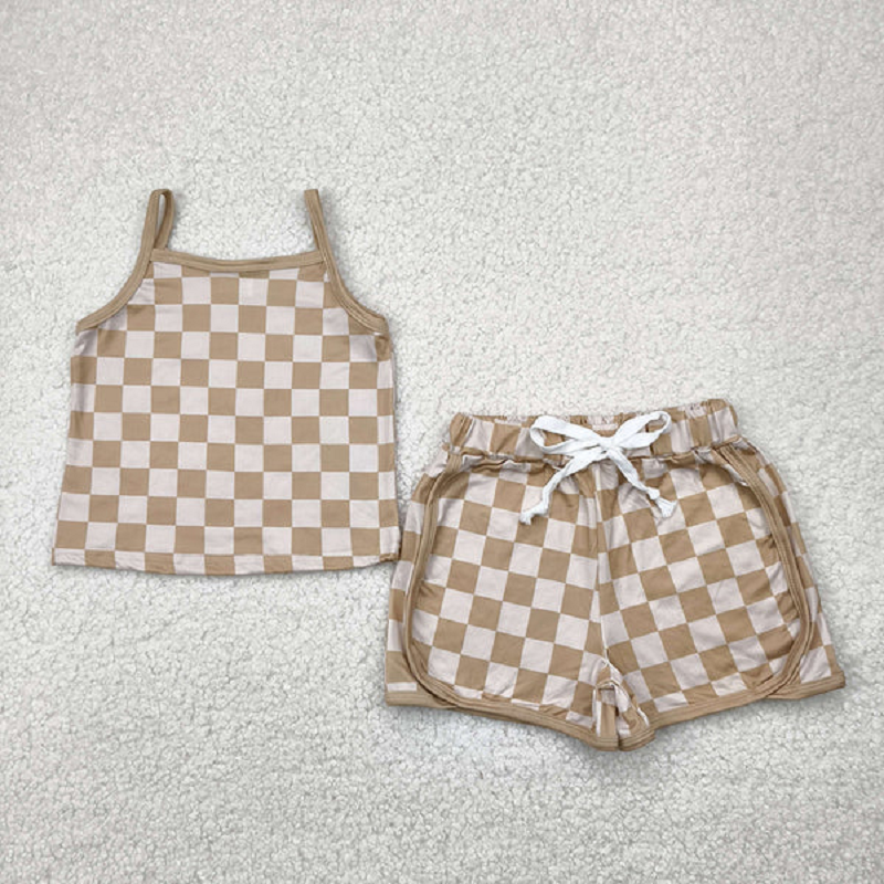 Match 4 Colors Baby Girls Strap Plaid Top Short Sports Sets D 6.13