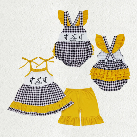 Match Baby Girls Line Man Black Checkered Sibling Rompers Clothes Sets