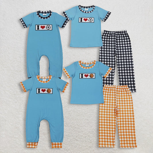 Sibling Baby Boys Embroidered 'I Love Balls' Top with Checked Pants Team Sports Outfit Footie Rompers for Newborns And Toddlers