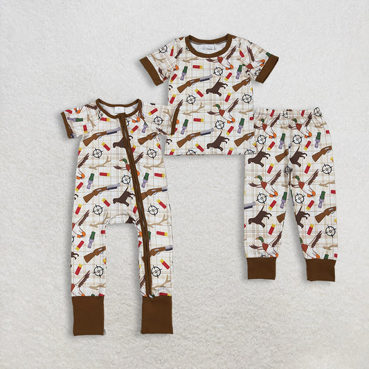 Sibling Baby Boys Checked Pants Hunting Pajamas Set with Zipper Rompers Featuring Dogs And Ducks Design