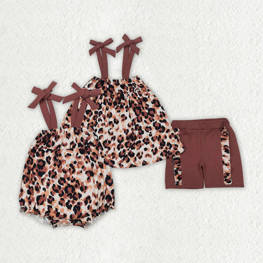 Sibling Baby Girls Brown Bows Strap Leopard Rompers Outfits D 7.22