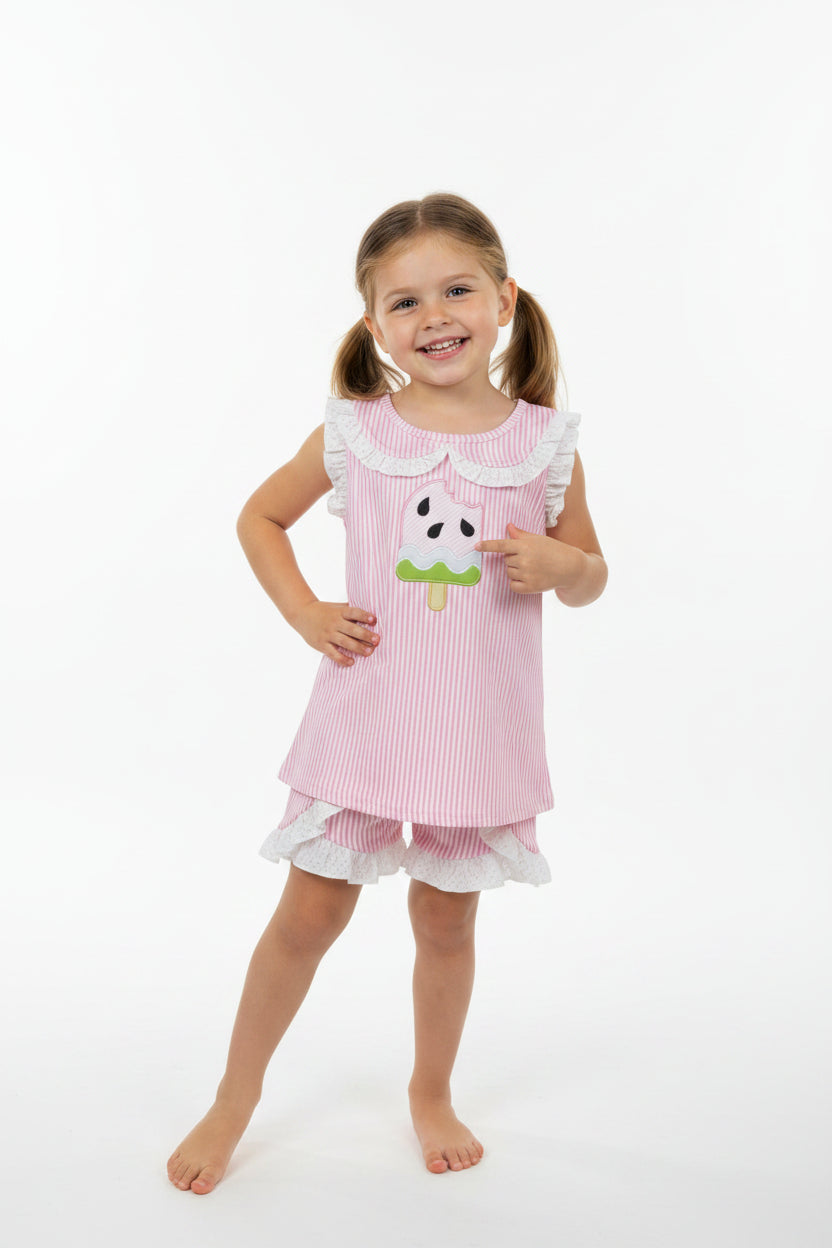 pink stripes popsicle embroidery girl shorts set children clothes