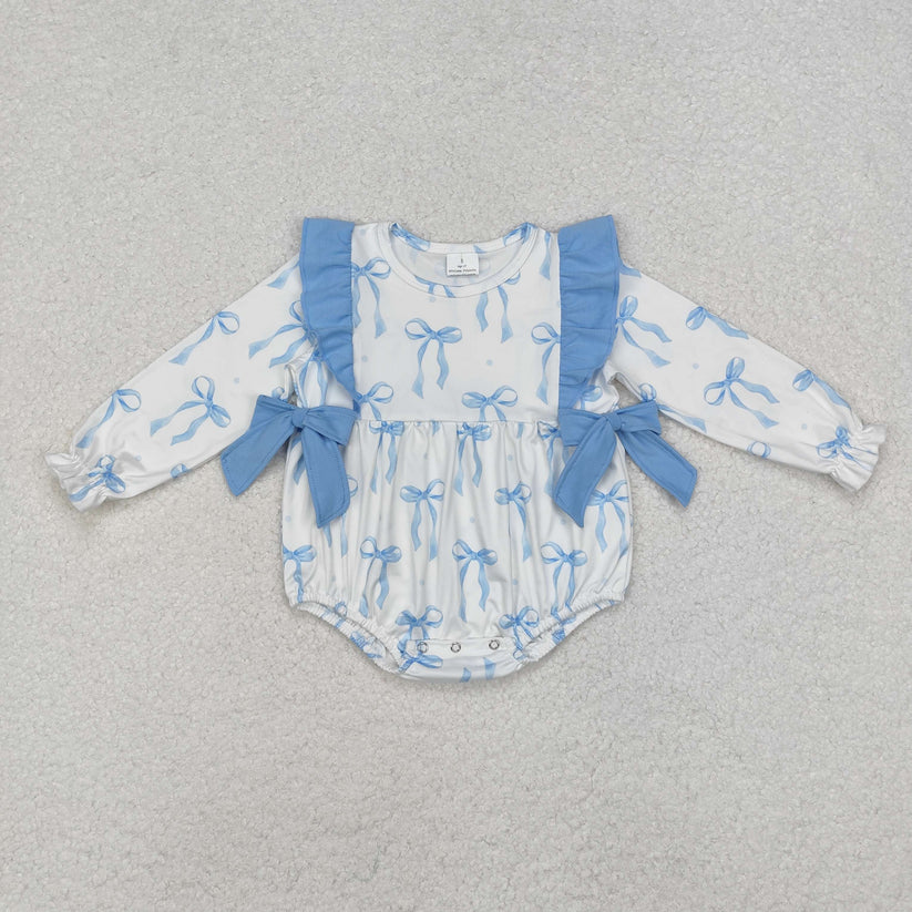 LR2043  White long-sleeved bodysuit with blue lace bow