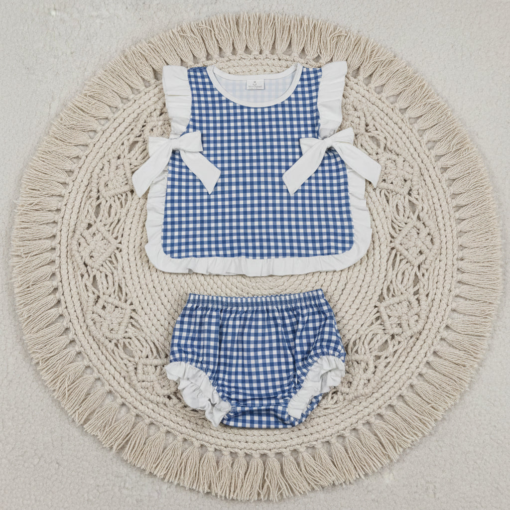 sleeveless navy blue white gingham ruffle bummie set